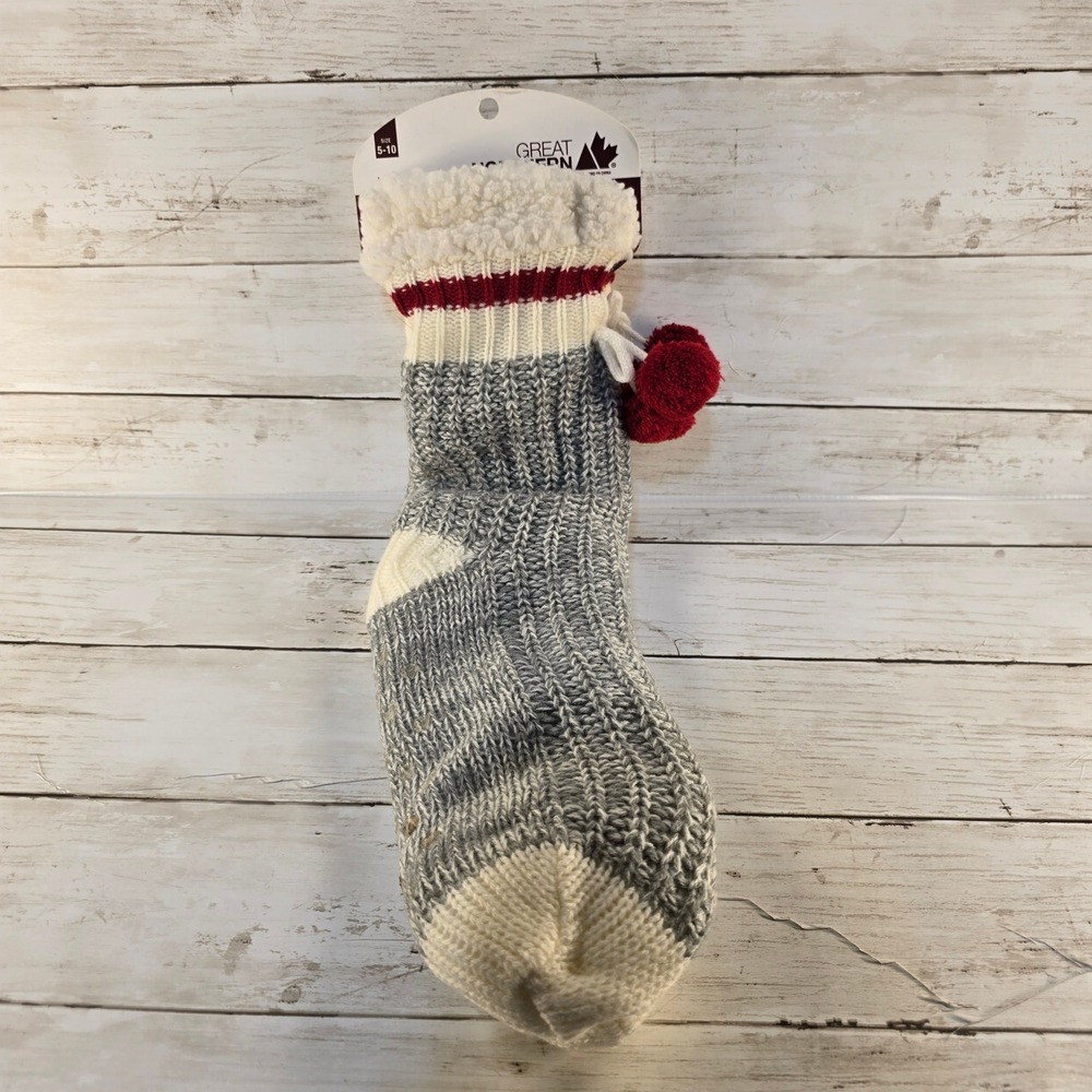 New Great Northern Ladies Lounge Sherpa Lined Slipper Socks Grey White Red 5-10